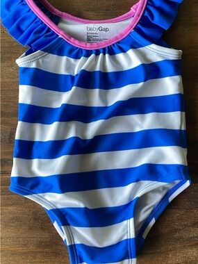 GAP Kids One-Piece Swimsuit Blue & White Stripes with Pink Trim